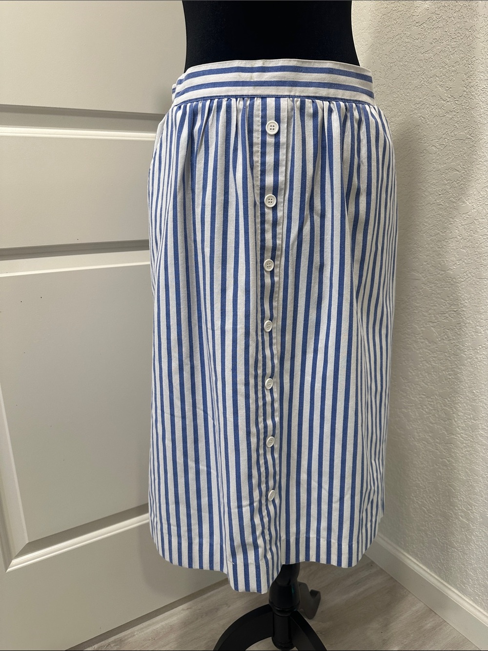 Pykettes Blue and White Vertical Stripe Button-Front Midi A Line Skirt